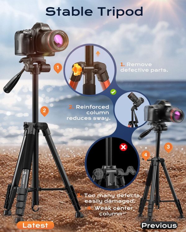 73" Camera Tripod Stand, Aluminum Tripod with Phone Holder, Travel Bag, Compatible with GoPro/DSLR/Cell Phone/Camcorder, Max Load 8.8LB (Black) - Image 2