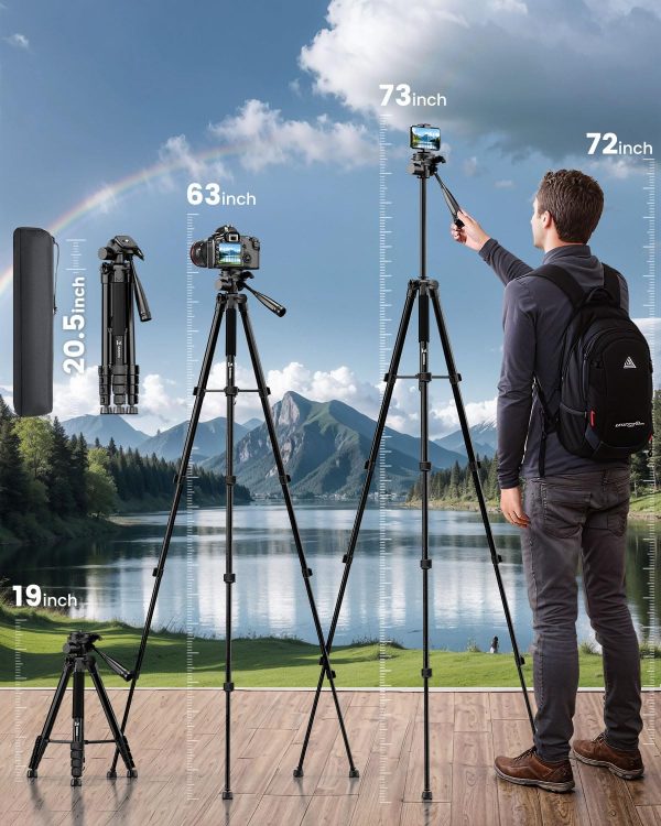 73" Camera Tripod Stand, Aluminum Tripod with Phone Holder, Travel Bag, Compatible with GoPro/DSLR/Cell Phone/Camcorder, Max Load 8.8LB (Black) - Image 3