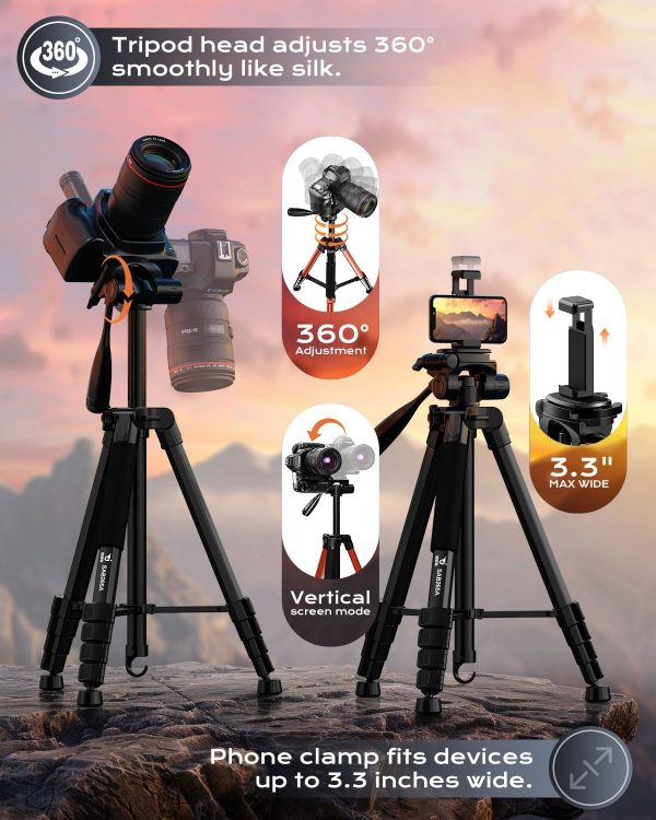 73" Camera Tripod Stand, Aluminum Tripod with Phone Holder, Travel Bag, Compatible with GoPro/DSLR/Cell Phone/Camcorder, Max Load 8.8LB (Black) - Image 5