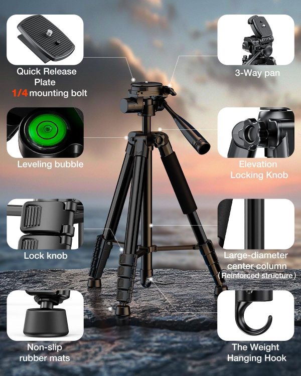 73" Camera Tripod Stand, Aluminum Tripod with Phone Holder, Travel Bag, Compatible with GoPro/DSLR/Cell Phone/Camcorder, Max Load 8.8LB (Black) - Image 6