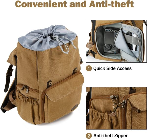 BAGSMART Camera Backpack, DSLR Camera Bag, Waterproof Camera Bag Backpack for Photographers, Fit up to 15" Laptop with Rain Cover and Tripod Holder, Khaki - Image 4
