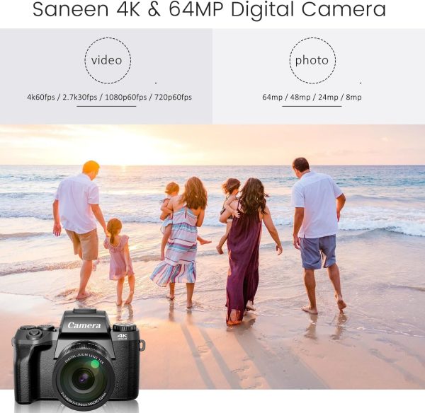 Saneen Digital Camera, 4k Cameras for Photography & Video, 64MP WiFi Touch Screen Vlogging Camera for YouTube with Flash, 32GB Card, Lens Hood, 3000mAH Battery, Front and Rear Cameras - Black - Image 2